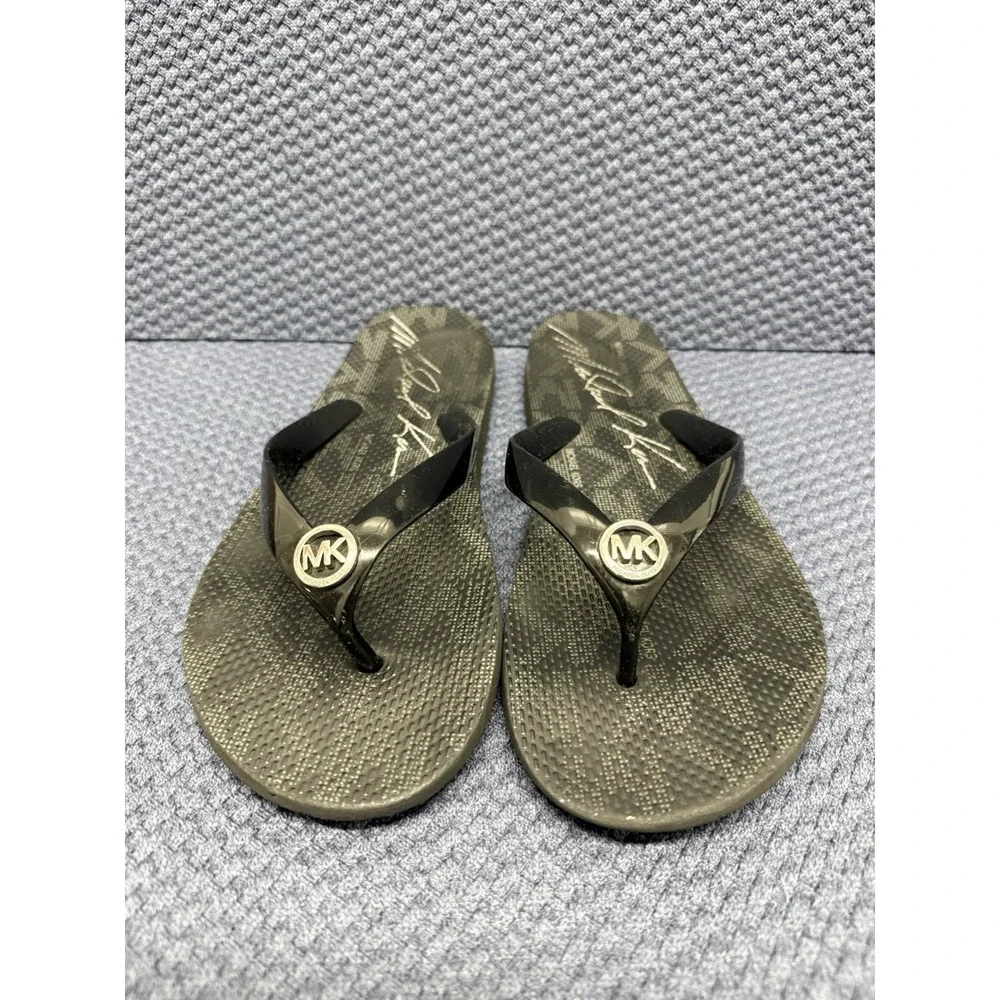 Michael Kors Flip Flop PVC/MK Mini Jet Set- Black And Silver MK Logo Size 10